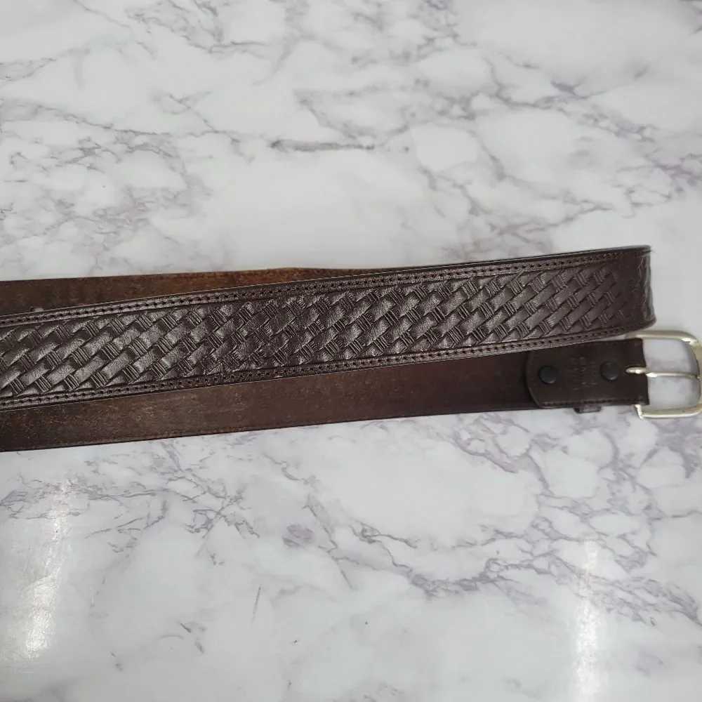 Brown Leather Belt for Men Basket Weave Embossed Design
